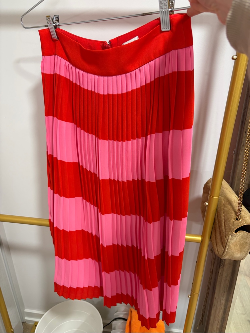 J Crew Pleated Striped Midi Skirt in Red and Pink